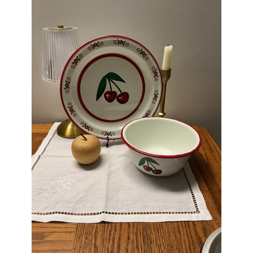 Vintage Enamelware Cherry Plate and Bowl Set White Red Farmhouse Kitchen Decor